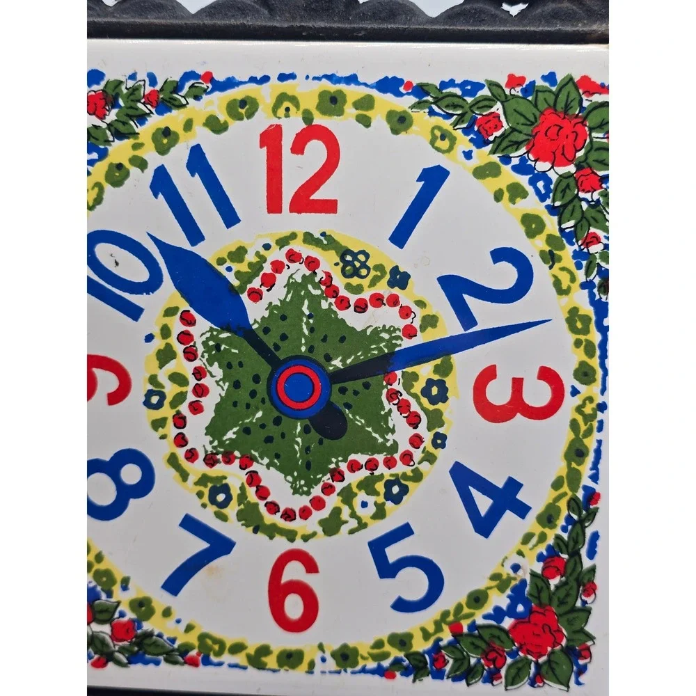 Vintage Lobeco Wall Clock Cast Iron Trivet 10.5in White Tile Retro Floral Japan